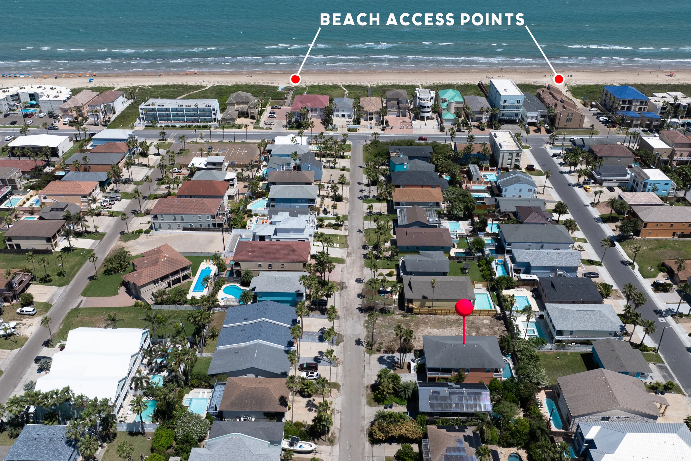 Aerial view showing the public beach access route near Beach Breeze SPI